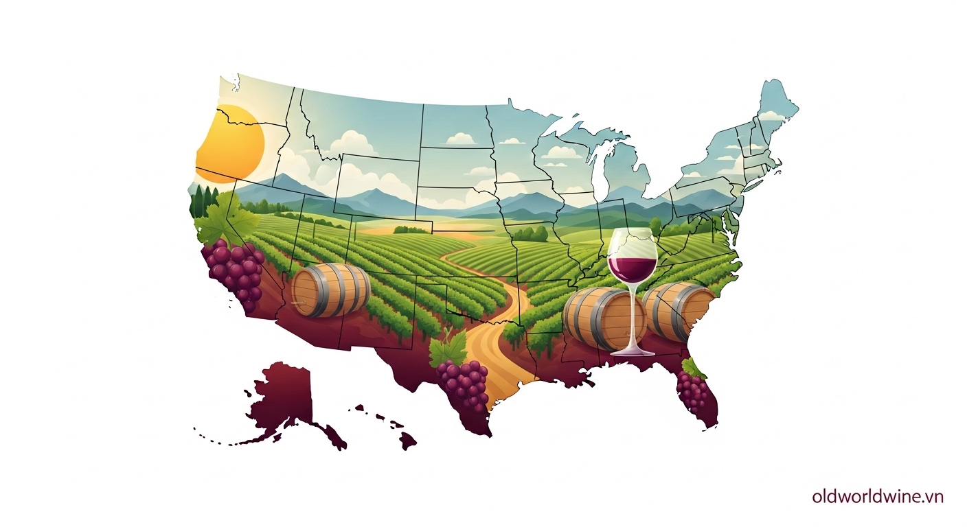 Bản đồ minh họa ngành rượu vang Mỹ với vườn nho trải dài từ California đến bờ Đông, phong cách hiện đại tối giản