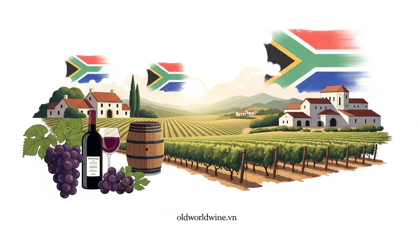 Rượu vang Nam Phi – lịch sử lâu đời, đa dạng địa lý và giống nho đặc trưng như Pinotage, Chenin Blanc, Cape Blend