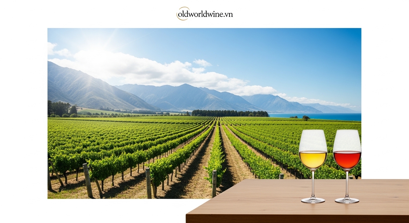 Rượu vang New Zealand – Sauvignon Blanc tươi mát và Pinot Noir thanh lịch trên nền vườn nho xanh mát