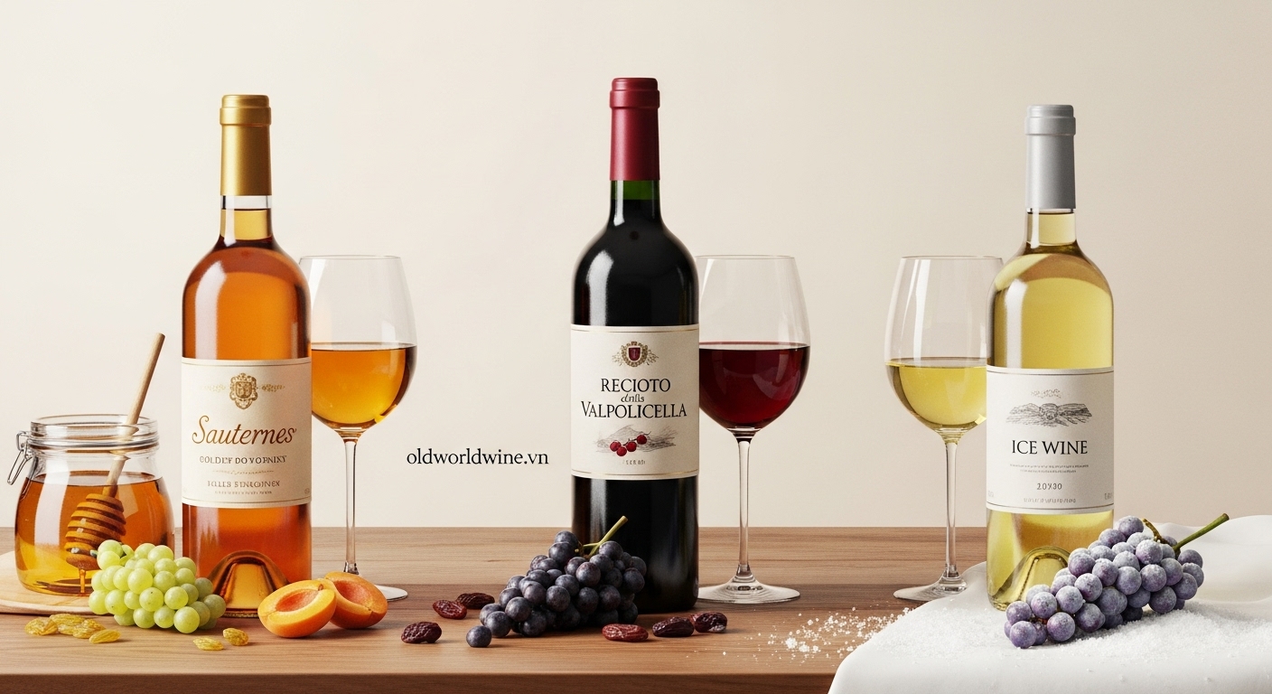 "Minh họa ba loại rượu vang ngọt: Sauternes từ Pháp, Recioto della Valpolicella từ Ý và Icewine từ Canada – với các phương pháp sản xuất đặc biệt như nấm quý, làm khô nho, và đông lạnh."