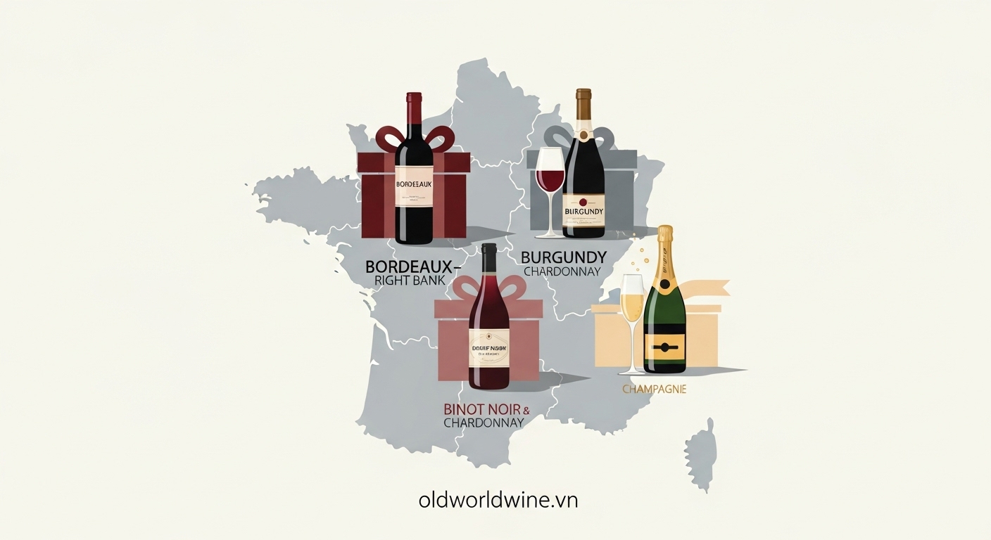 Bản đồ Pháp tối giản với biểu tượng chai vang Bordeaux, Burgundy và Champagne kèm hộp quà sang trọng – gợi ý rượu vang Pháp làm quà tặng cao cấp.