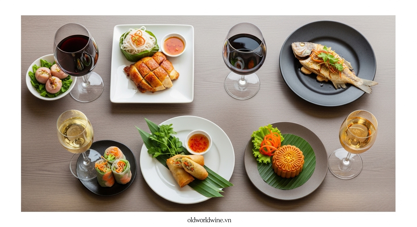 Hình ảnh minh họa các cách kết hợp rượu vang Pháp với món ăn Việt Nam: bò kho với vang đỏ Bordeaux, bún chả với Pinot Noir, gỏi tôm với Sauvignon Blanc, nem rán với Champagne và chè bưởi với vang ngọt Sauternes.