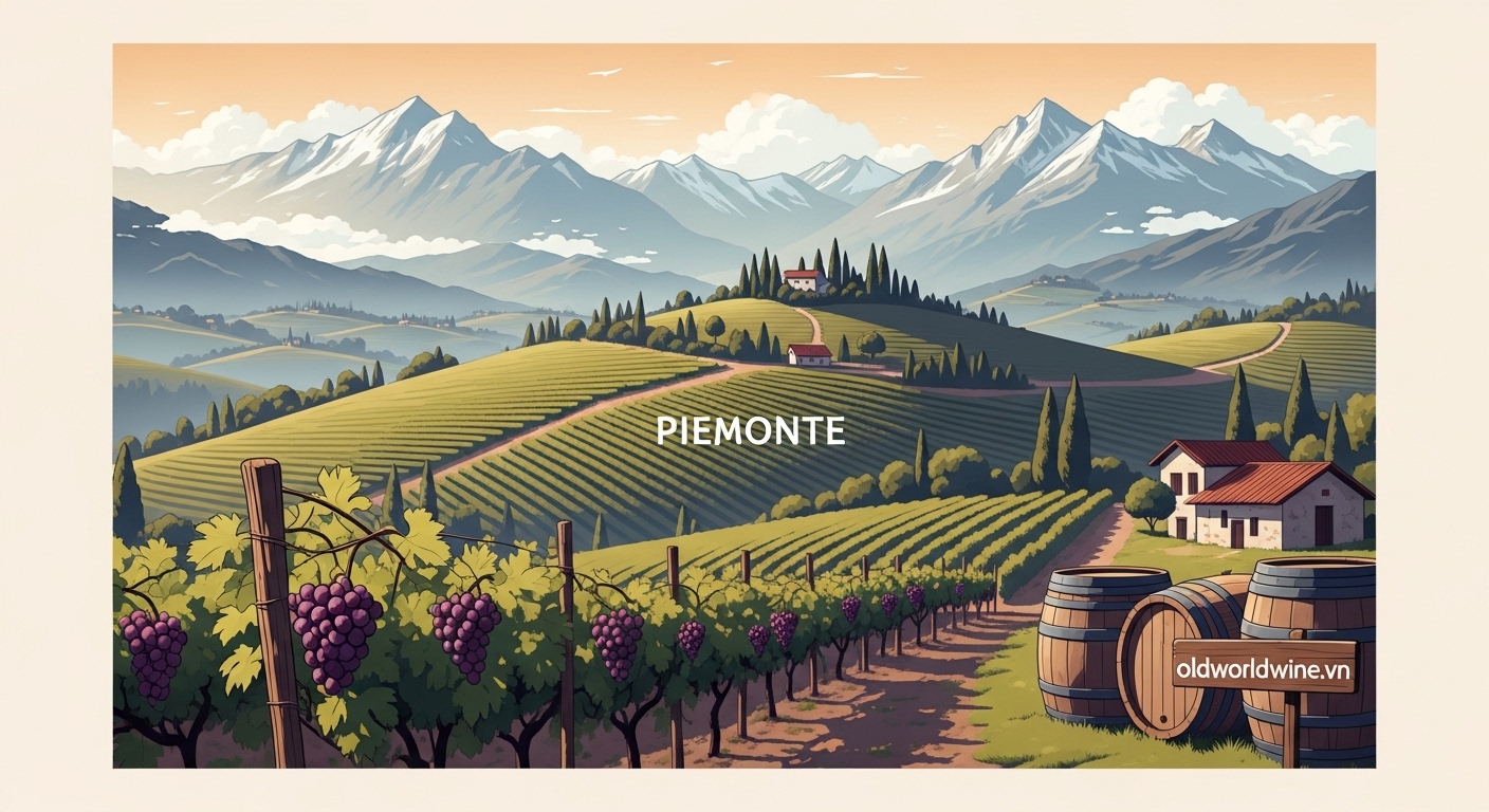 Minh họa vùng rượu vang Piemonte nước Ý với vườn nho dưới chân dãy Alps và giống nho Nebbiolo