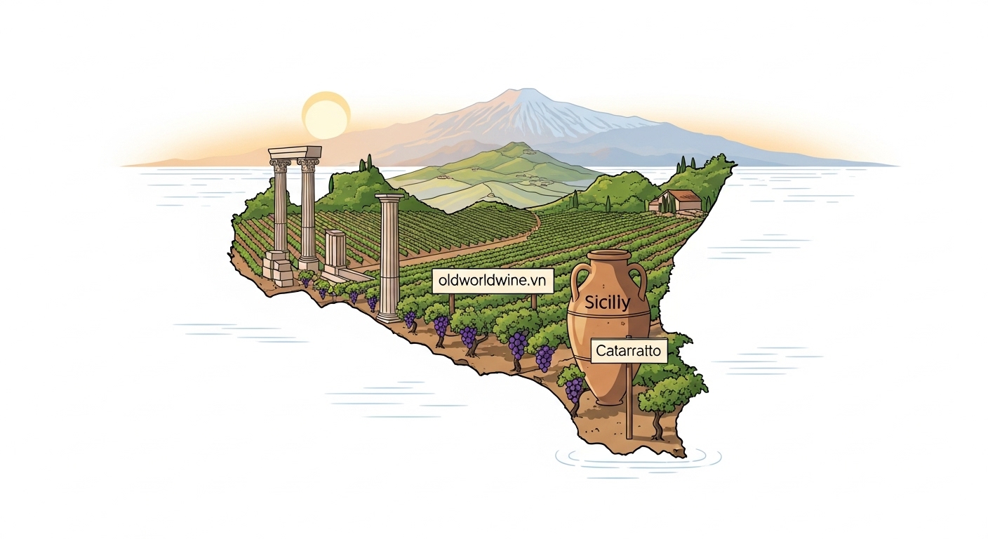 Minh họa vùng rượu vang Sicily với di sản Hy Lạp cổ đại, vườn nho và núi lửa Etna.