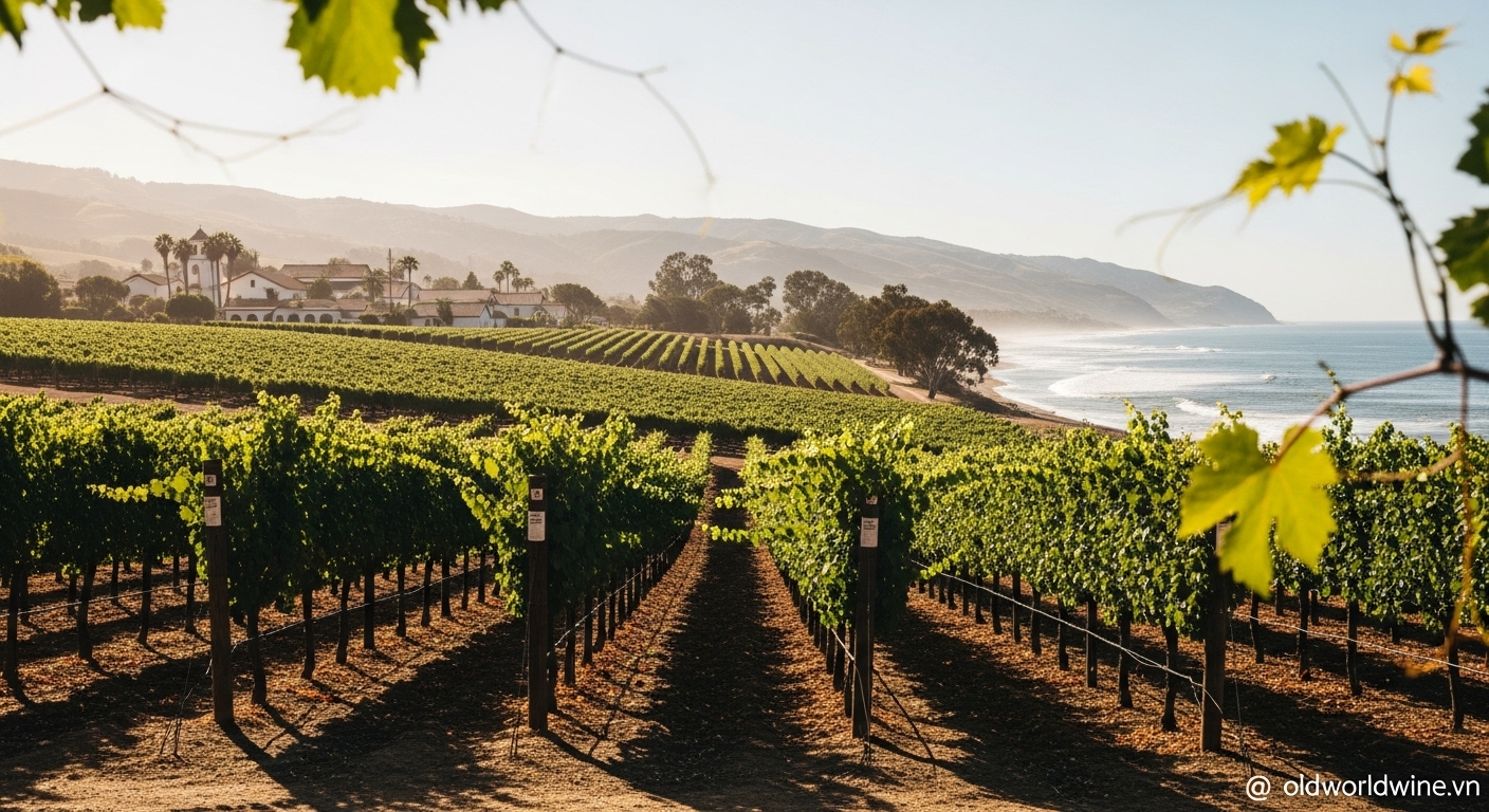 Vườn nho South Coast California với ánh nắng vàng, gần Thái Bình Dương và kiến trúc cổ truyền thống