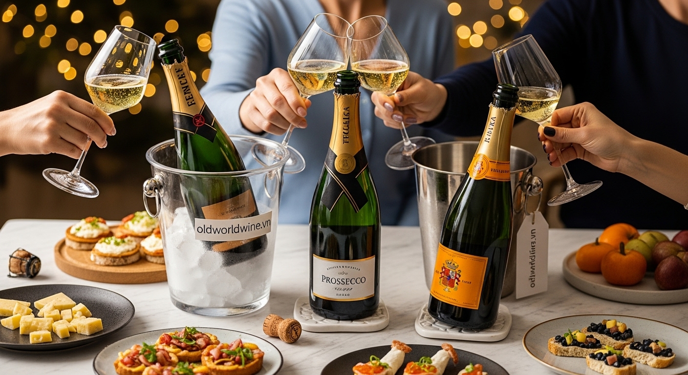 Hình ảnh rượu vang sủi tăm Champagne, Prosecco và Cava trong một bữa tiệc nhẹ sang trọng, thể hiện xu hướng tiêu dùng vang sủi trong dịp lễ hội và đời sống hàng ngày tại Việt Nam.