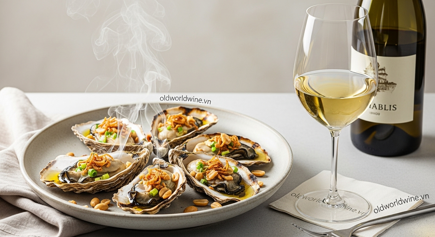 Rượu vang trắng phù hợp để pairing với hàu nướng mỡ hành gồm Chablis, Muscadet, Sauvignon Blanc, Albariño và Prosecco