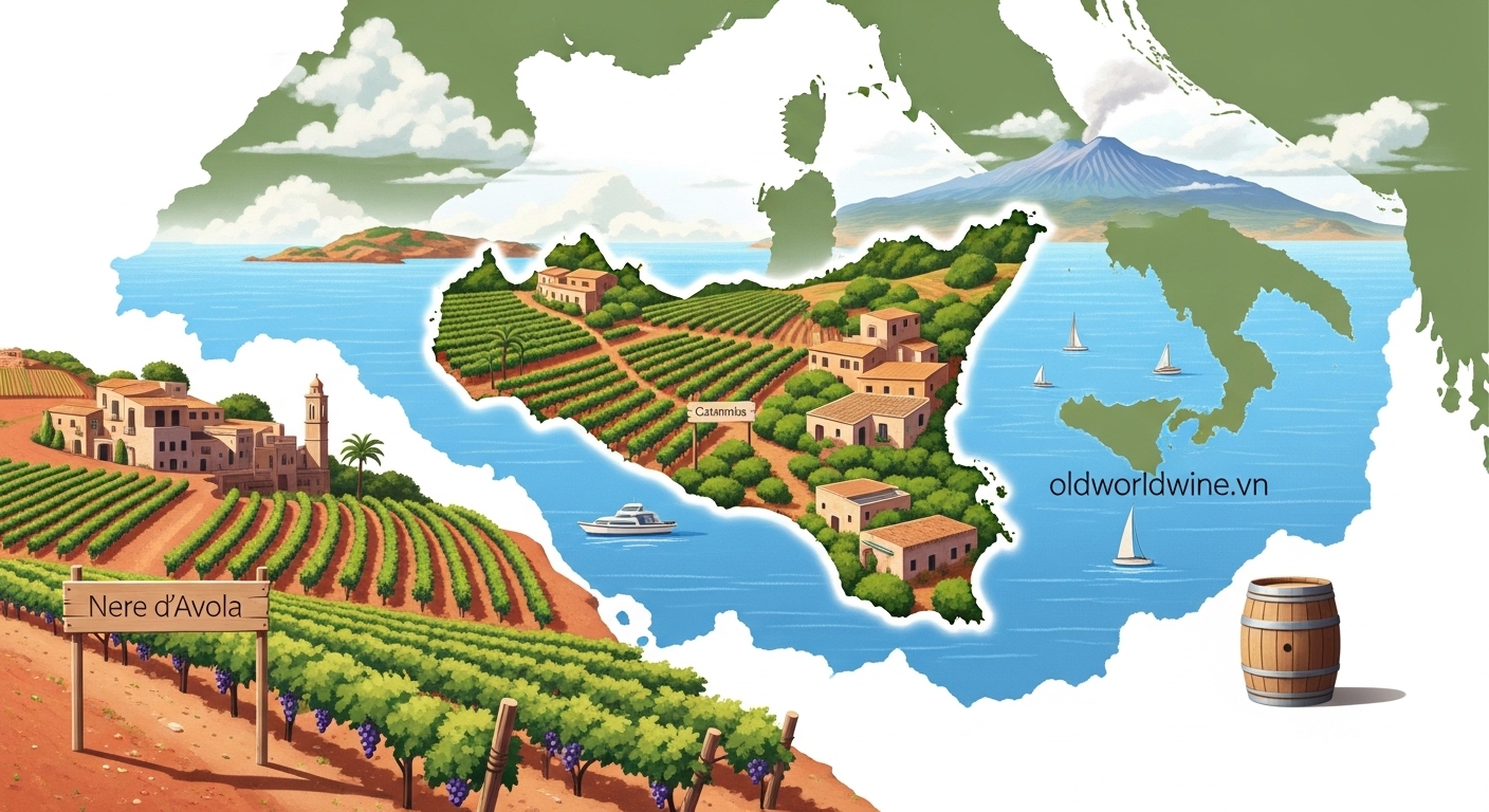 Vùng rượu vang Sicily với núi Etna, vườn nho bản địa và kiến trúc Địa Trung Hải truyền thống