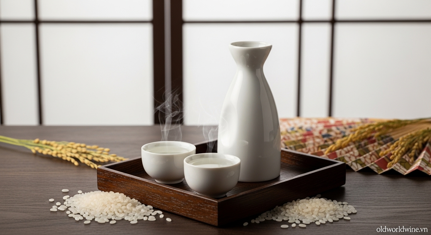 Bộ rượu Sake truyền thống Nhật Bản gồm bình Tokkuri và chén Ochoko trên khay gỗ, cùng hạt gạo mài và nền Shoji nhẹ nhàng, mang đậm phong cách tinh tế Nhật.