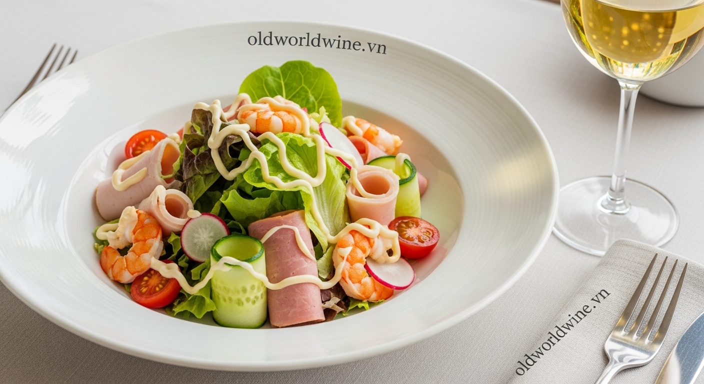 Đĩa salad mayonnaise đầy màu sắc với rau củ, thịt nguội, tôm và ly vang trắng tươi mát