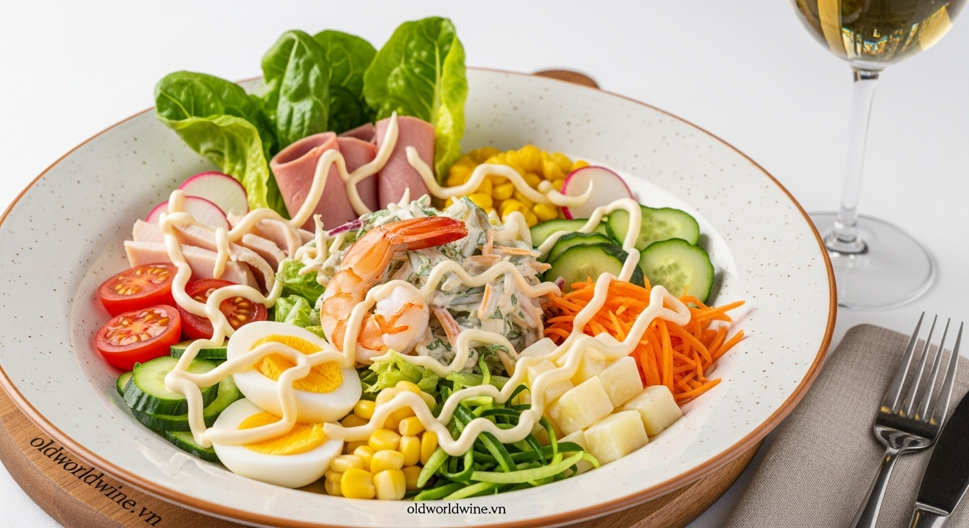 Salad mayonnaise béo ngậy với trứng, tôm, rau củ và sốt kem mịn hấp dẫn