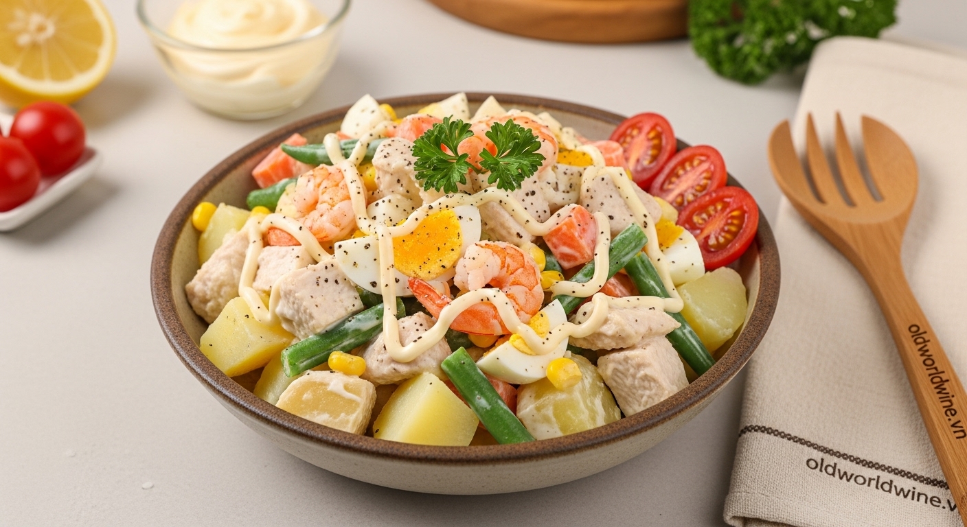 Salad mayonnaise tự làm với rau củ, trứng, thịt gà, tôm và sốt béo ngậy, trình bày đẹp mắt