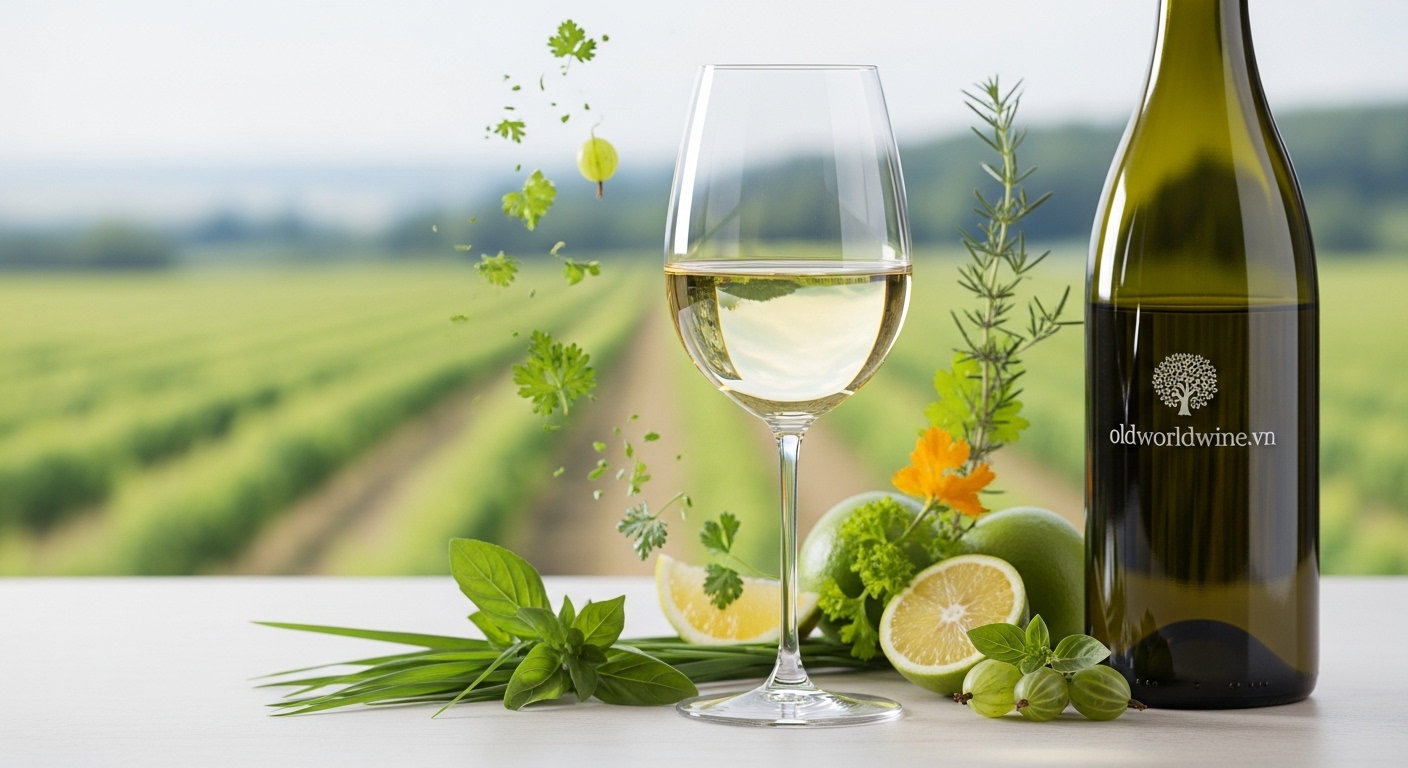 Ly rượu Sauvignon Blanc với màu vàng rơm tươi sáng, kèm hương thảo mộc và trái cây họ cam chanh, nền vườn nho Loire Valley và Marlborough