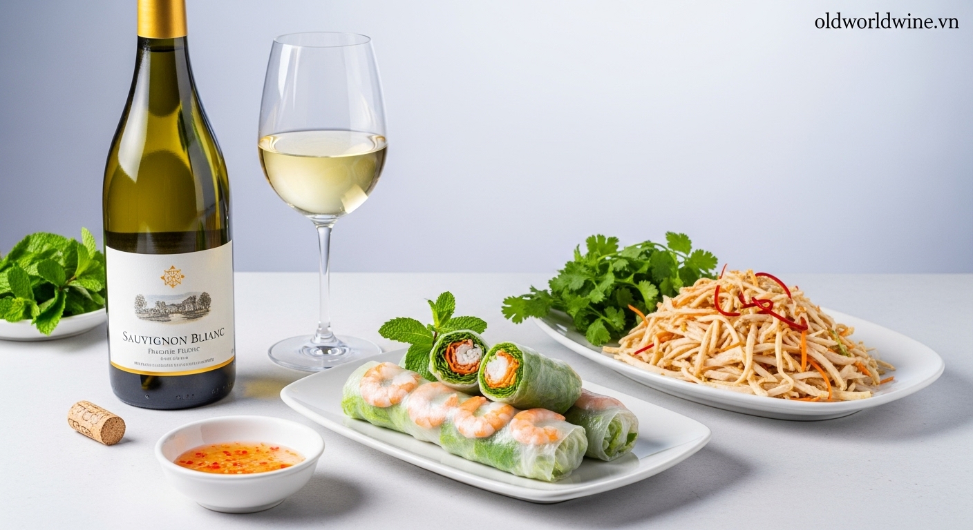 Hình ảnh kết hợp rượu vang trắng Sauvignon Blanc từ vùng Loire Valley với gỏi cuốn hoặc nộm gà Việt Nam, thể hiện sự tươi mát và cân bằng vị giác.
