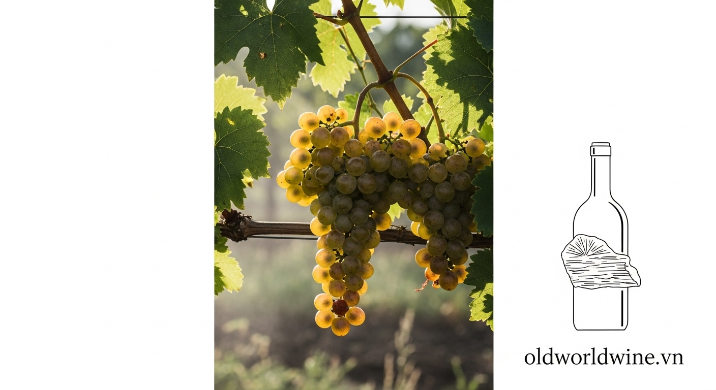 Chùm nho Sauvignon Blanc xanh nhạt trong vườn nho tự nhiên, gợi lên nguồn gốc hoang dã và hương vị tươi mát đặc trưng