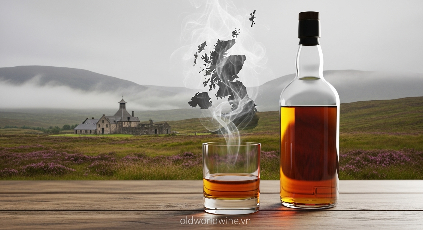 Scotch Whisky – biểu tượng của Scotland với ly rượu whisky và khung cảnh vùng cao nguyên Scotland