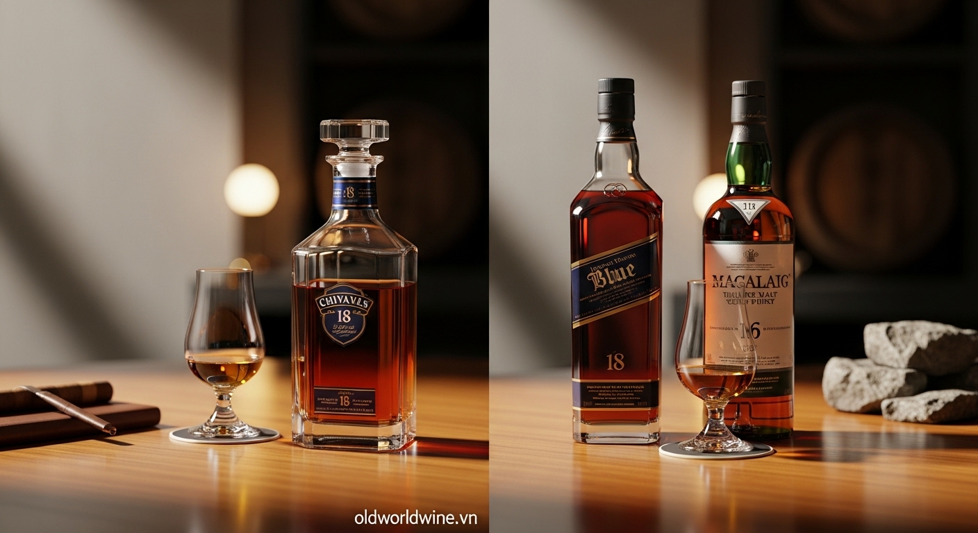 Hình ảnh sang trọng thể hiện sự đối lập hài hòa giữa Scotch whisky pha trộn cao cấp và Single Malt cá tính, với không gian tinh tế và ánh sáng ấm áp, phản ánh xu hướng tiêu dùng cao cấp tại Việt Nam.