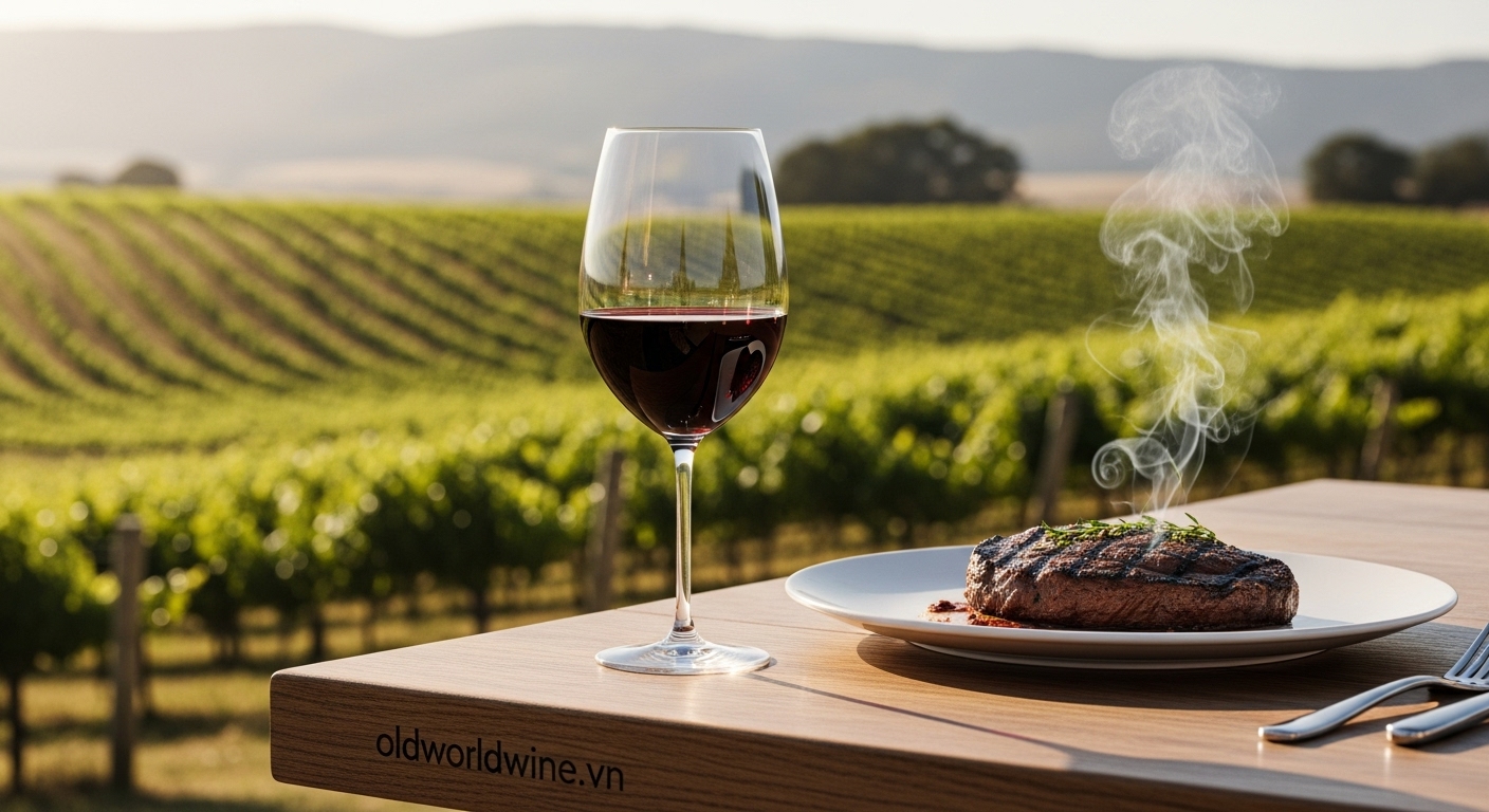 Hình ảnh Shiraz Úc Barossa Valley đậm đà, ly vang đỏ sẫm trong khung cảnh vườn nho nắng ấm, kèm món bò bít tết nướng, chụp tối giản và hiện đại.
