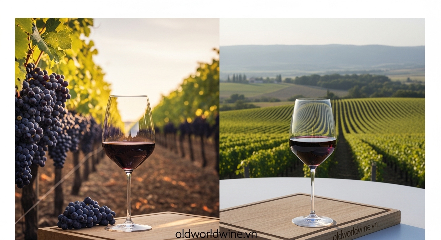 Hình ảnh so sánh Shiraz Úc mạnh mẽ và Syrah Pháp thanh lịch, thể hiện khác biệt về phong cách rượu vang, chụp tối giản và hiện đại.