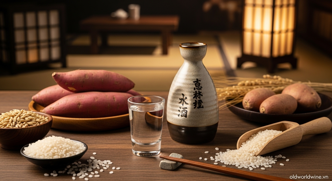 Ly rượu Shochu cùng bình gốm truyền thống trên bàn gỗ, bên cạnh khoai lang, lúa mạch và gạo – thể hiện sự đa dạng nguyên liệu và bản sắc vùng Kyushu Nhật Bản.