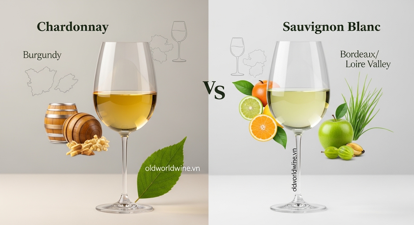 Hình minh họa so sánh rượu vang trắng Chardonnay và Sauvignon Blanc về phong cách và hương vị đặc trưng
