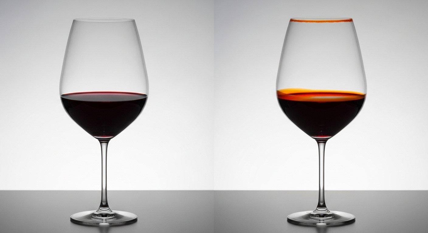 So sánh màu rượu vang Nebbiolo trẻ (đỏ ruby) và trưởng thành (đỏ gạch).