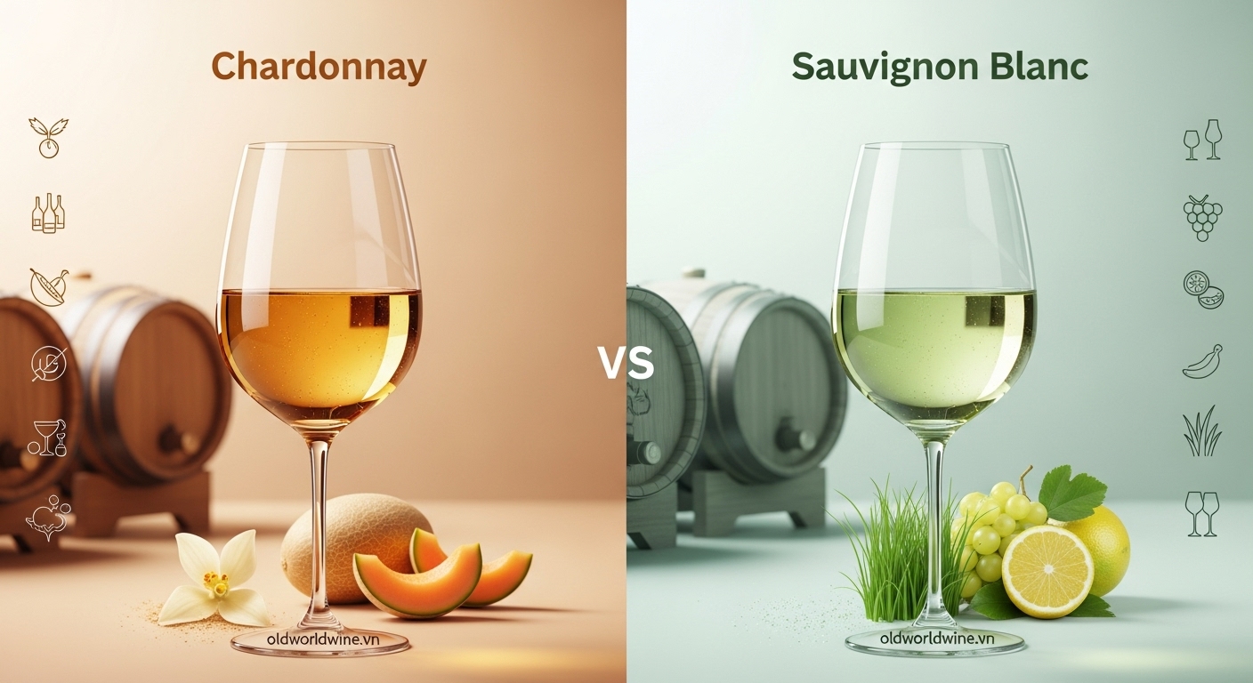 Minh họa so sánh rượu vang trắng Chardonnay và Sauvignon Blanc với phong cách hương vị và cá tính riêng biệt