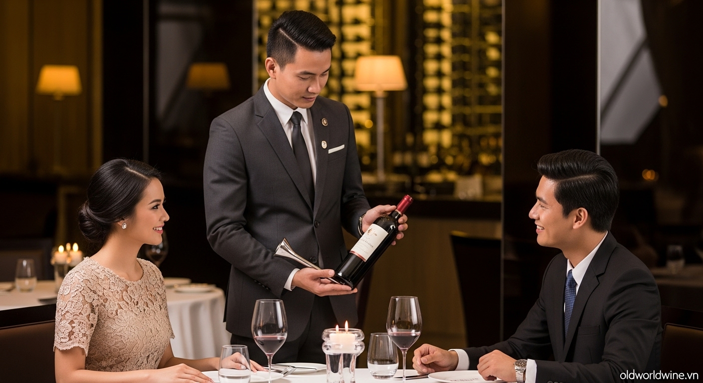 Hình ảnh sommelier chuyên nghiệp phục vụ rượu vang tại nhà hàng fine dining cao cấp, phản ánh sự phát triển của kênh HORECA trong việc nâng cao trải nghiệm và kiến thức tiêu dùng tại Việt Nam.