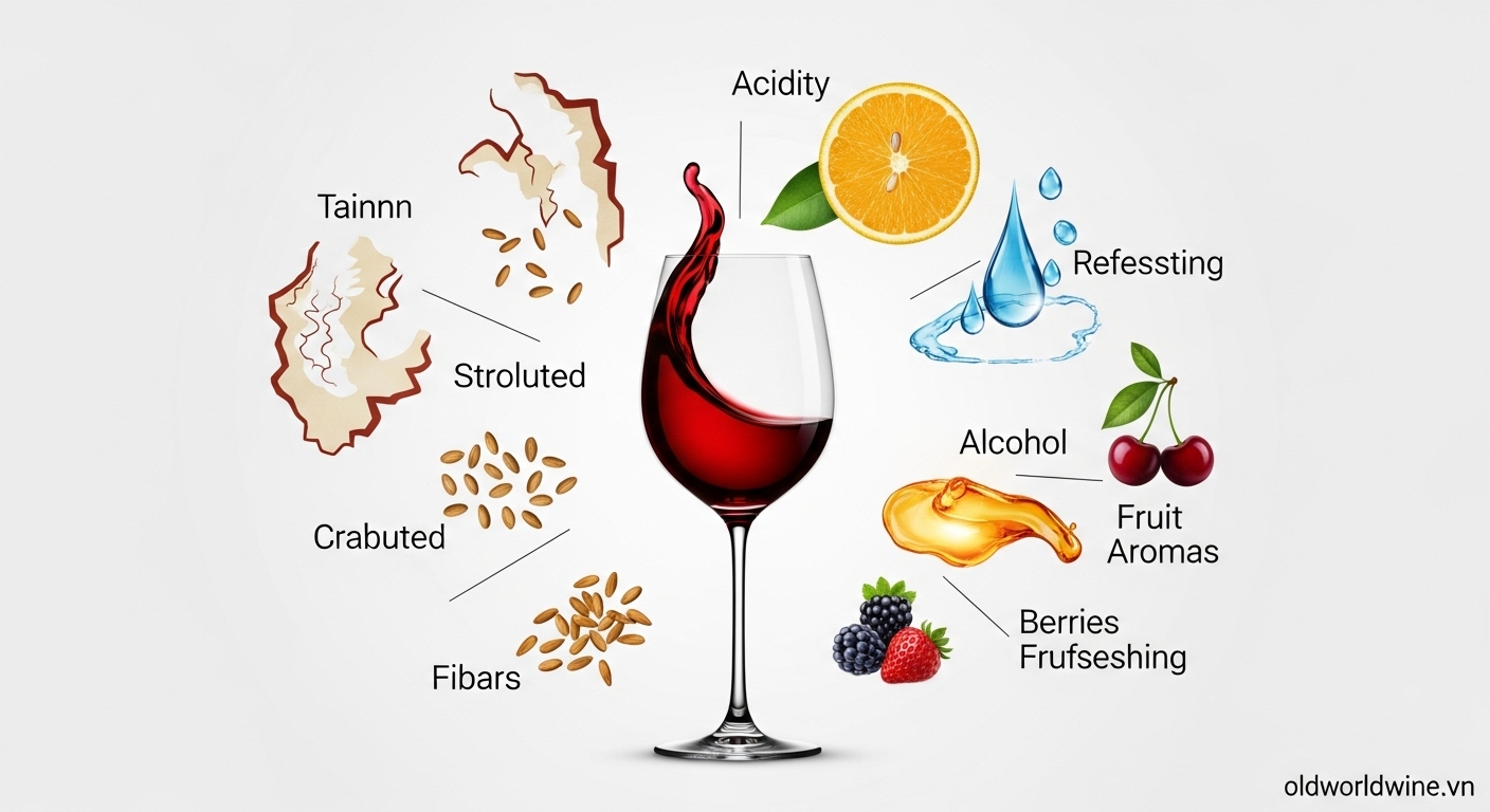 Minh họa sự cân bằng giữa tannin, axit, cồn và hương trái cây tạo nên sức hấp dẫn của vang đỏ.