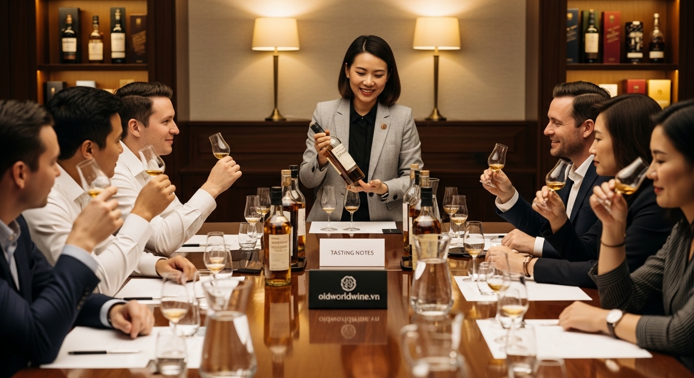 Hình ảnh buổi nếm thử whisky cao cấp được dẫn dắt bởi chuyên gia, tạo không gian trải nghiệm và học hỏi trong cộng đồng yêu whisky.