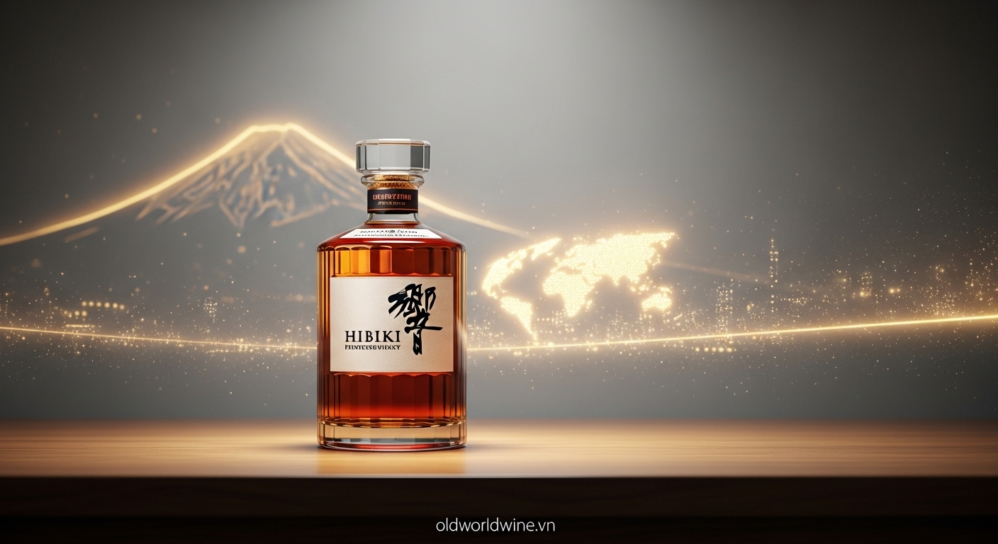 Hình ảnh minimalist một chai whisky Nhật Bản cao cấp đặt trên nền gỗ sang trọng, với ánh sáng dịu và phông nền pha trộn giữa văn hóa Nhật Bản và cảm hứng thị trường toàn cầu, thể hiện vị thế của thương hiệu Hibiki trong ngành whisky quốc tế.