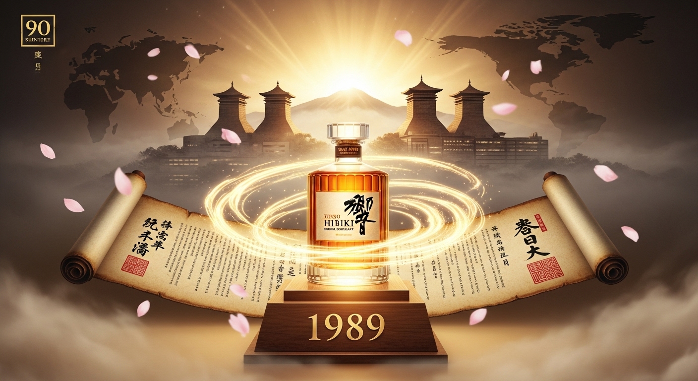 Hình minh họa nghệ thuật về sự ra đời của rượu Hibiki vào năm 1989, kỷ niệm 90 năm Suntory – thể hiện khát vọng toàn cầu, tinh thần thủ công Nhật Bản và nghệ thuật pha trộn whisky đỉnh cao.