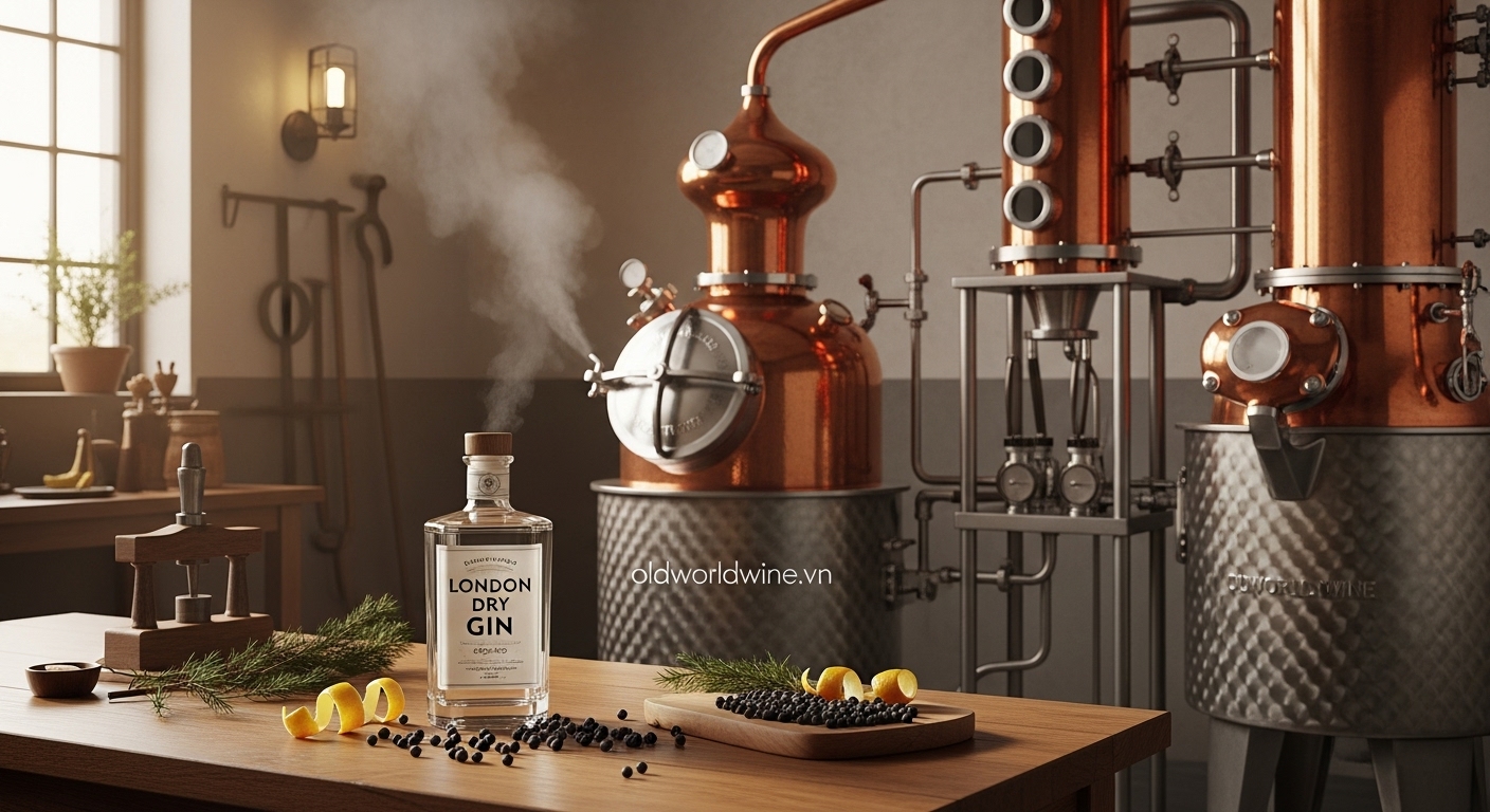 Cảnh nhà máy chưng cất thế kỷ 19 với Column Still hiện đại, chai London Dry Gin cùng nguyên liệu như quả bách xù và vỏ cam – bước ngoặt lịch sử của rượu Gin.