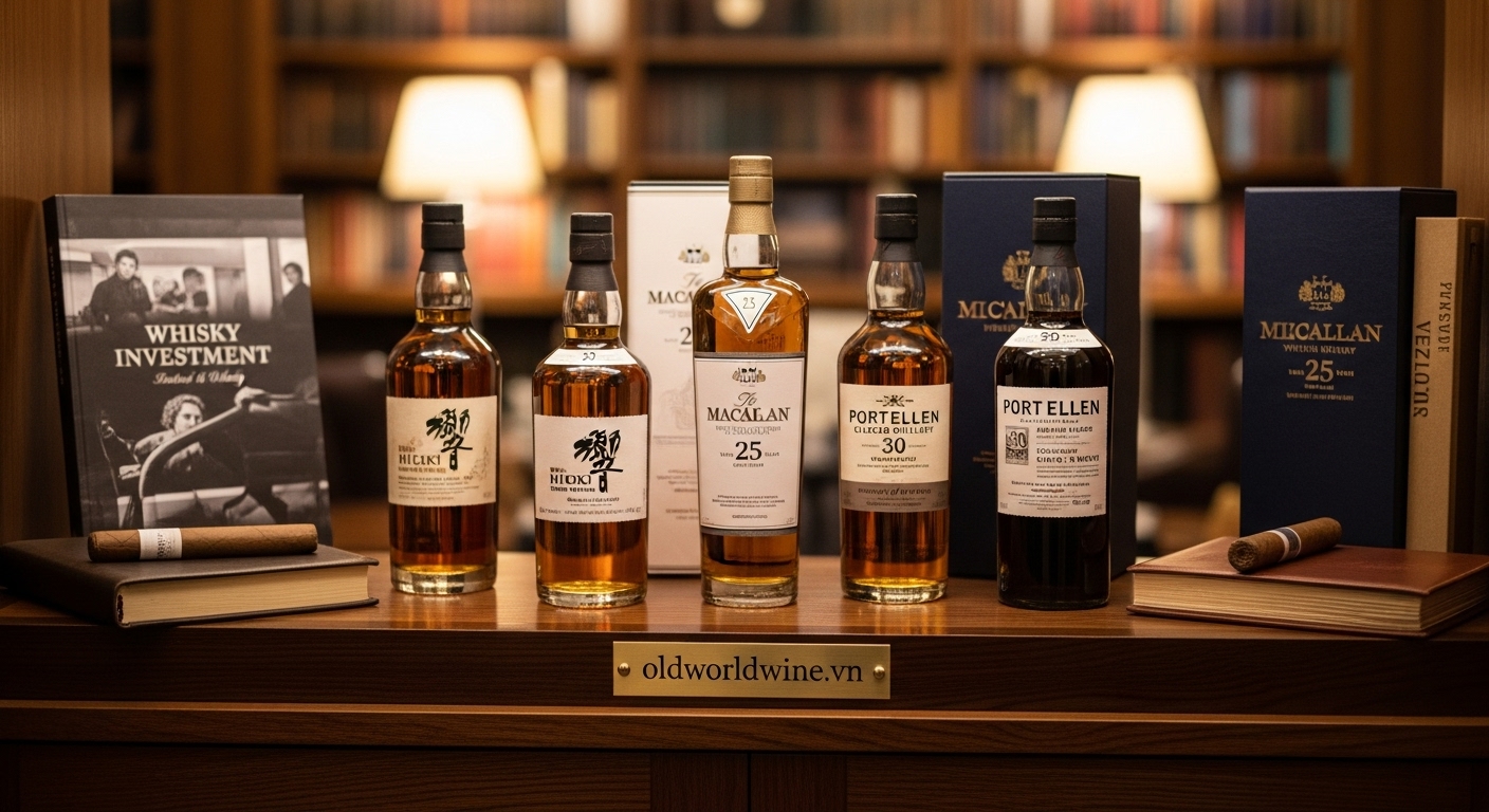 Hình ảnh sang trọng với bộ sưu tập whisky quý hiếm như Macallan 25, Hibiki 30 và dòng từ nhà máy đã đóng cửa, phản ánh xu hướng sưu tầm và đầu tư whisky cao cấp tại Việt Nam.