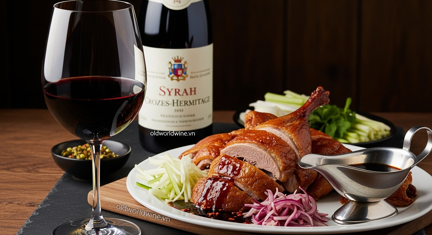 Hình ảnh vịt quay da giòn kiểu Bắc Kinh hoặc Lạng Sơn kết hợp cùng ly Syrah vùng Northern Rhône, trong không gian ấm cúng sang trọng với watermark oldworldwine.vn tinh tế.