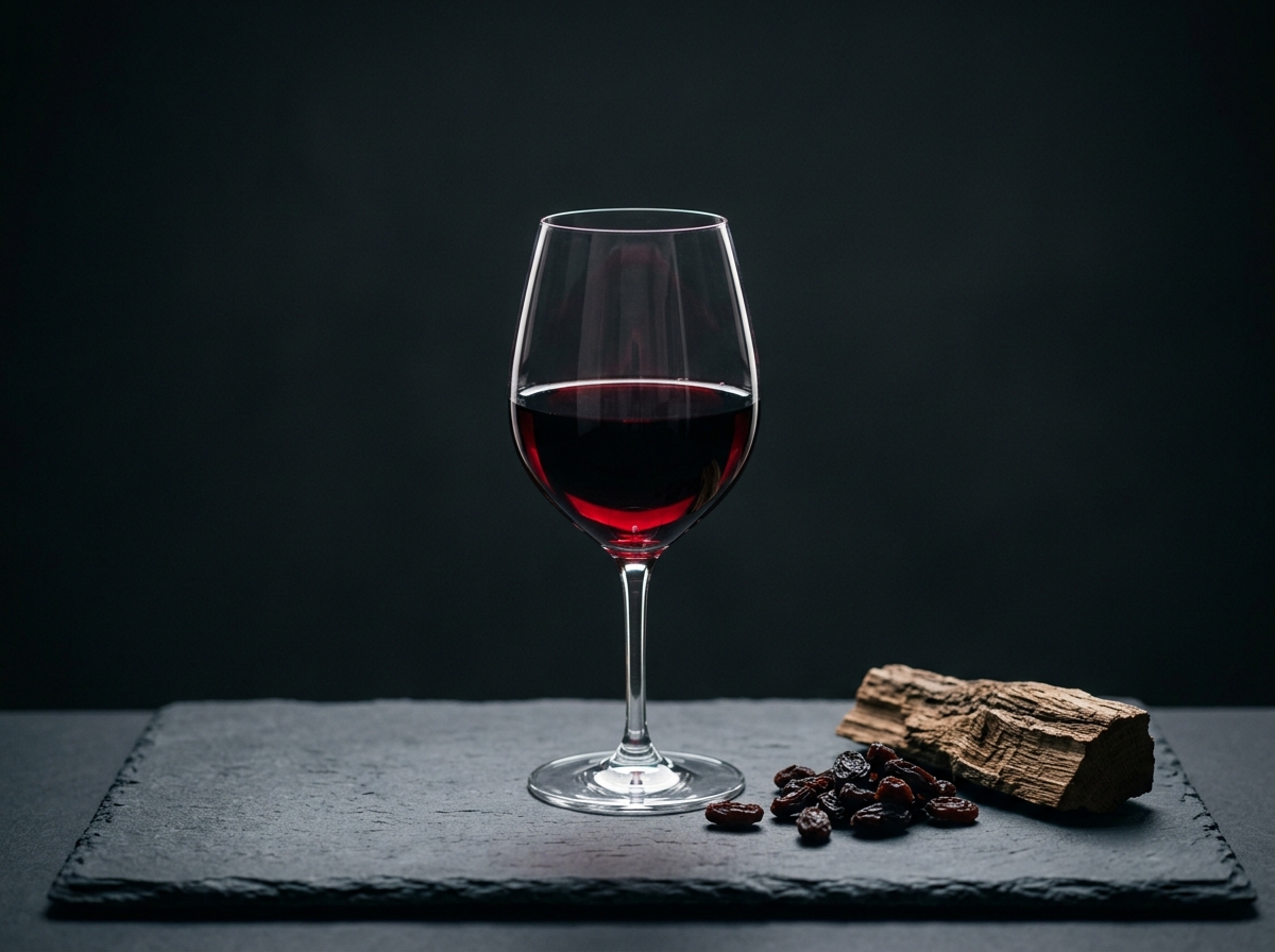 Cận cảnh một ly pha lê Bordeaux chứa rượu vang đỏ sẫm sánh mịn, đặt trên nền đá phiến (slate) màu xám đen tuyền. Bên cạnh chân ly là một vài hạt nho khô và một mảnh gỗ sồi thô mộc (biểu tượng nguyên bản của Tannin)