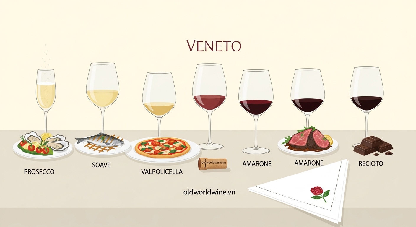 Minh họa phong cách hương vị và cách thưởng thức rượu vang Veneto với gợi ý pairing món ăn phù hợp
