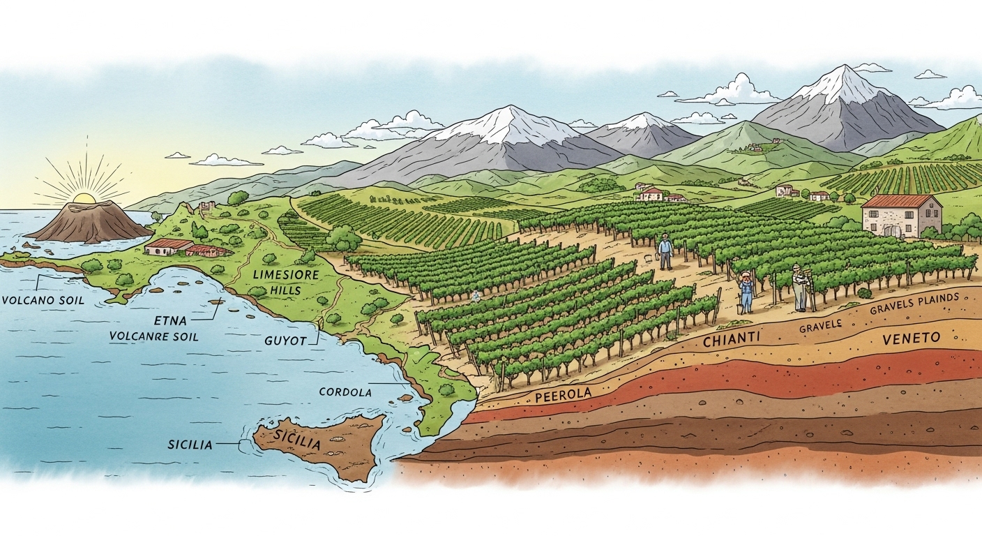 Hình minh họa terroir rượu vang Ý – từ khí hậu Địa Trung Hải đến đất núi lửa Etna và kỹ thuật trồng nho hiện đại