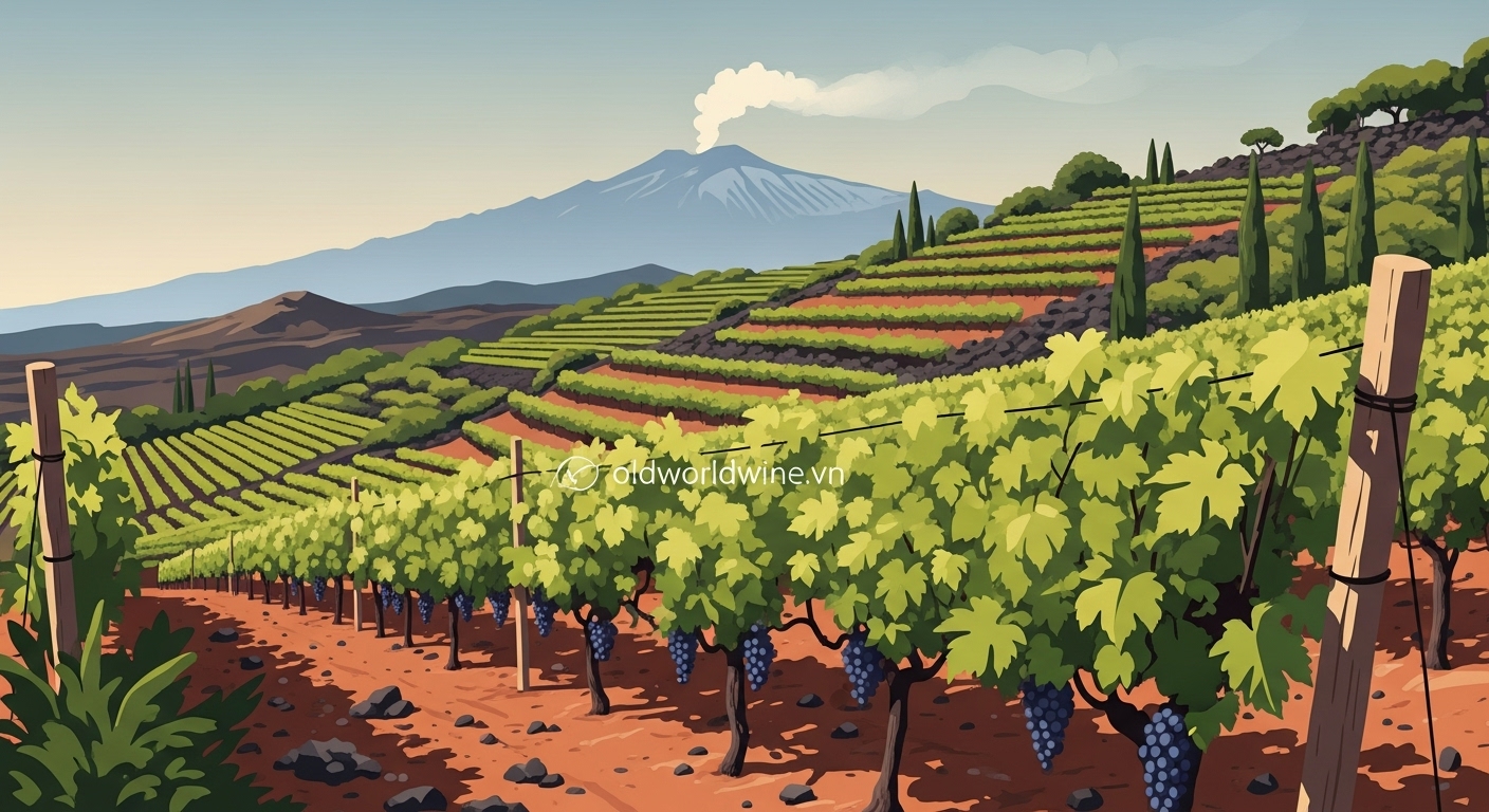 Cảnh quan vườn nho trên núi lửa Etna tại Sicily với đất núi lửa và khí hậu Địa Trung Hải