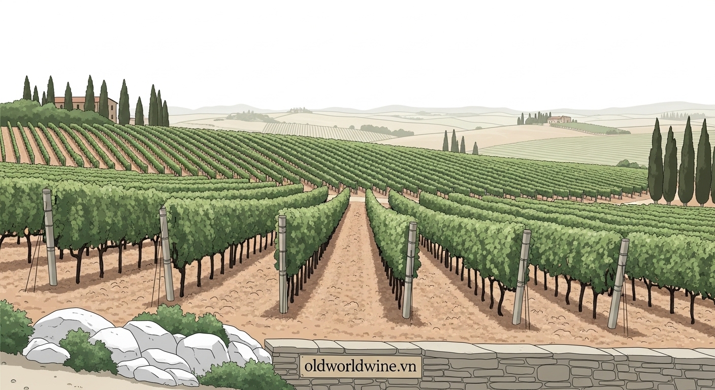 Ảnh minh họa terroir vùng Tuscany với đồi nho, đất đá galestro và alberese, khí hậu Địa Trung Hải