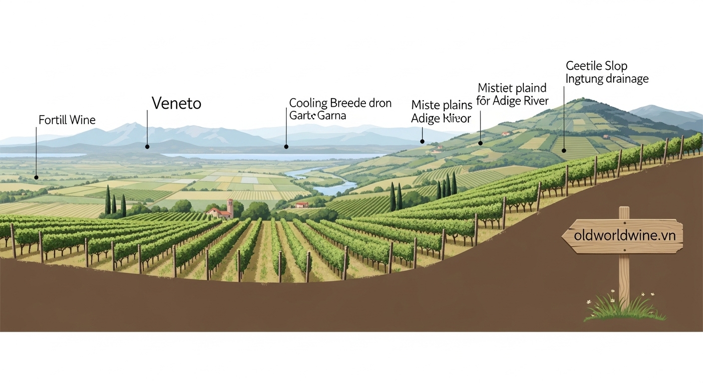 Minh họa terroir vùng Veneto với khí hậu đa dạng, sườn đồi trồng nho và ảnh hưởng làm mát từ Hồ Garda và dãy Alps