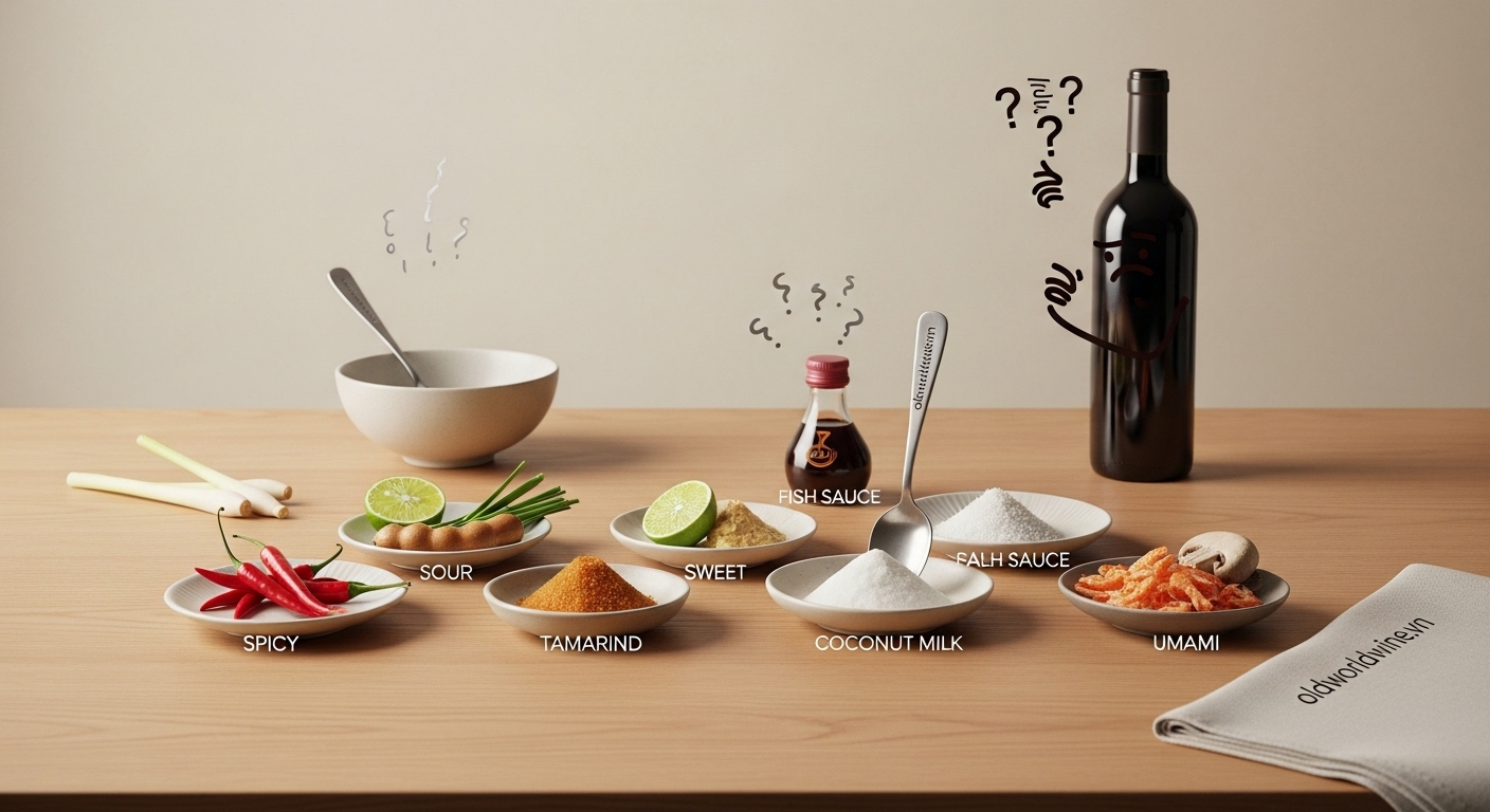 Hình ảnh mô tả độ phức tạp hương vị của ẩm thực Đông Nam Á với các vị cay, chua, mặn, ngọt, béo, umami – thách thức cho việc kết hợp rượu vang