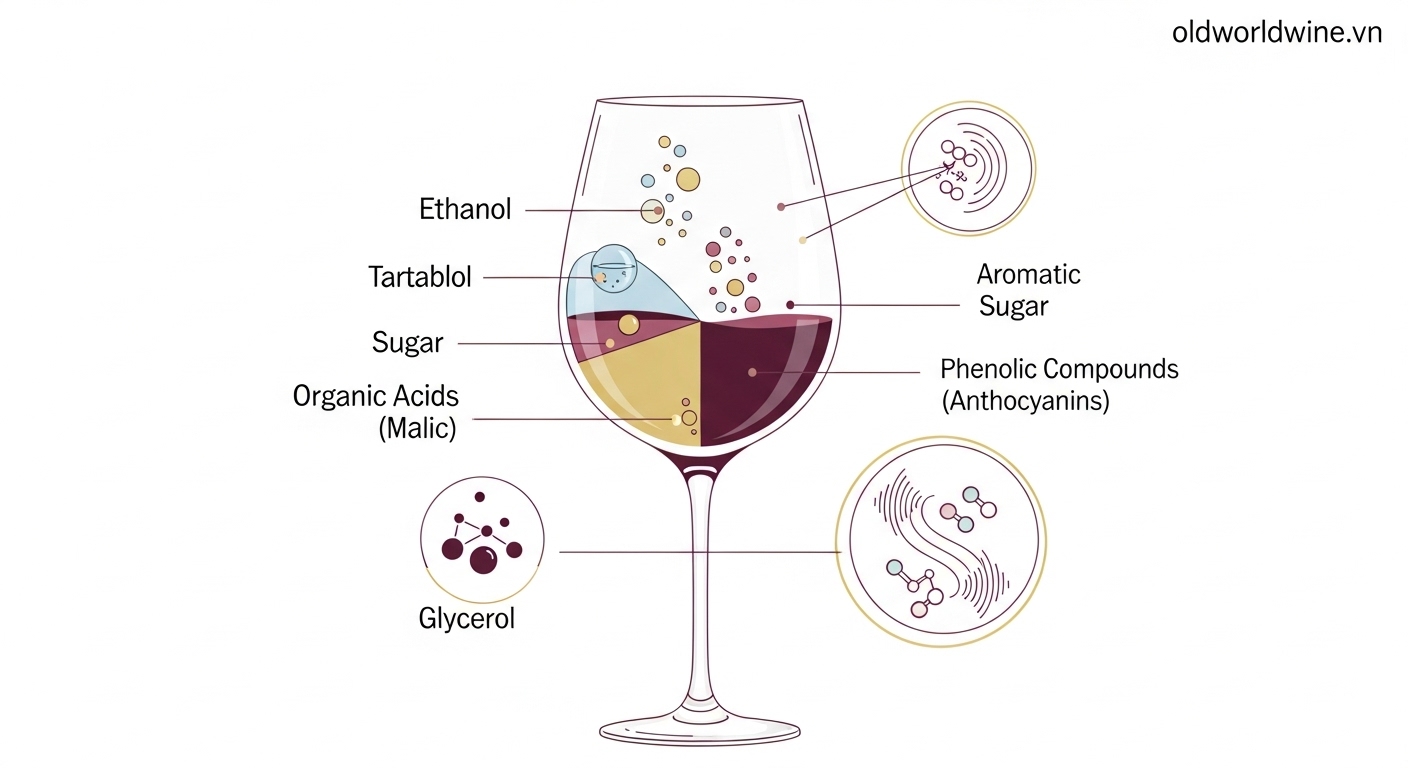 "Minh họa các thành phần chính trong rượu vang: nước, cồn ethanol, axit, đường, tannin, glycerol và hợp chất thơm – phong cách khoa học hiện đại, dễ hiểu."