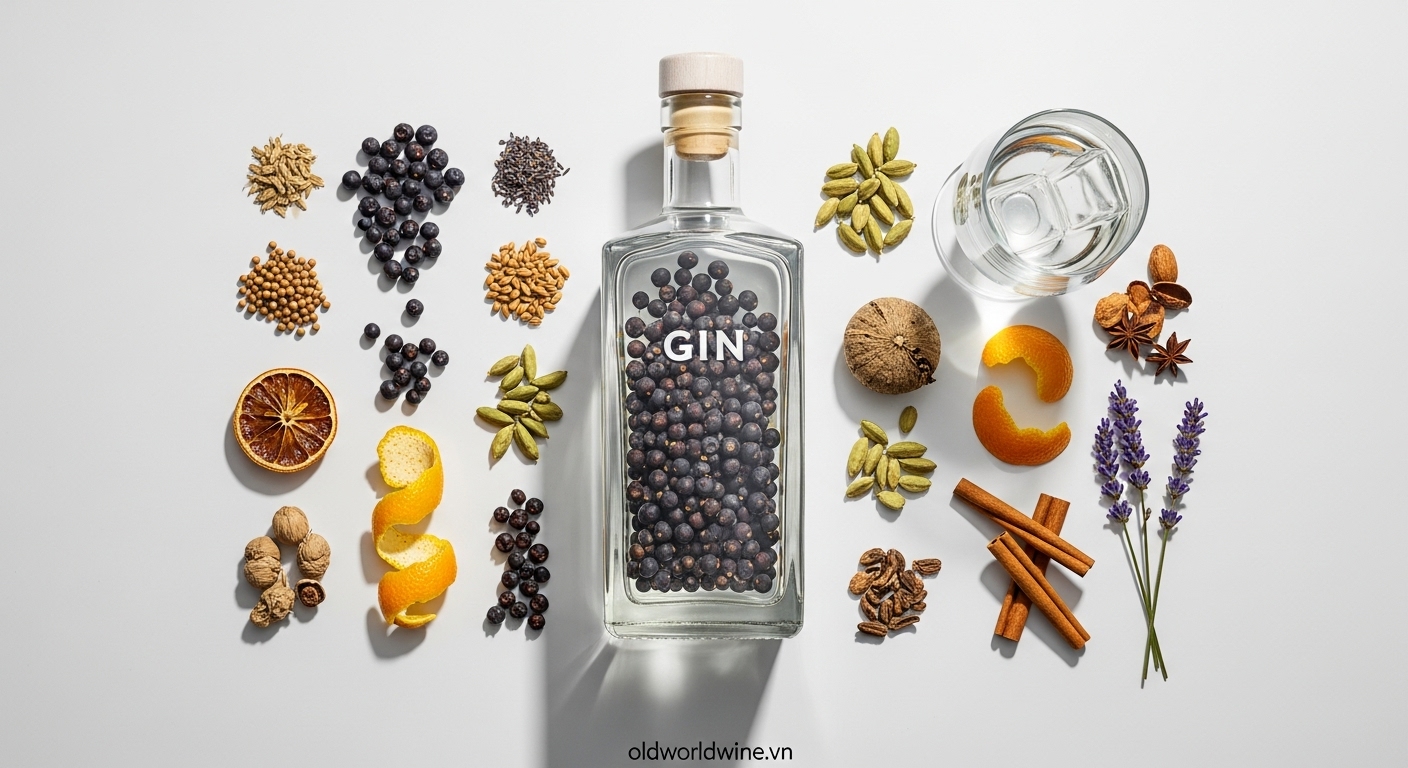 Hình ảnh thành phần chính trong rượu Gin: quả bách xù, vỏ cam chanh, các loại gia vị và thảo mộc – tạo nên hương vị độc đáo và phức hợp.
