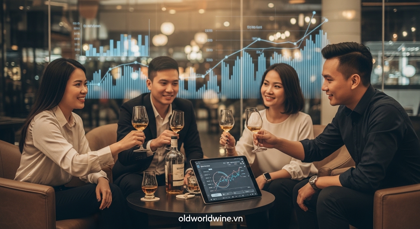 Hình ảnh thị trường đồ uống có cồn tại Việt Nam: người trẻ thành thị thưởng thức rượu vang và whisky trong không gian hiện đại – phản ánh nền kinh tế năng động và xu hướng tiêu dùng cao cấp.