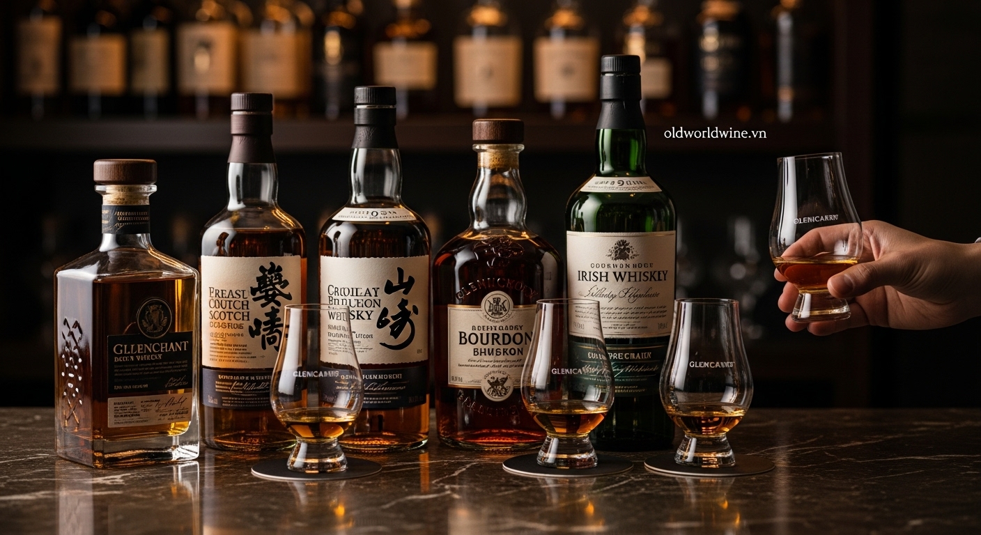 Hình ảnh các dòng whisky cao cấp như Scotch, Japanese Whisky và Bourbon được bày trí trong không gian thưởng thức sang trọng, thể hiện xu hướng tiêu dùng tinh tế và sự phát triển mạnh mẽ của thị trường whisky tại Việt Nam.