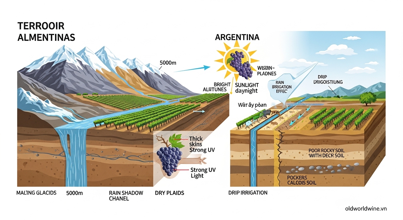 Hình minh họa thổ nhưỡng và khí hậu Argentina với dãy Andes, hệ thống tưới tiêu, đất đá vôi và vườn nho ở độ cao – oldworldwine.vn