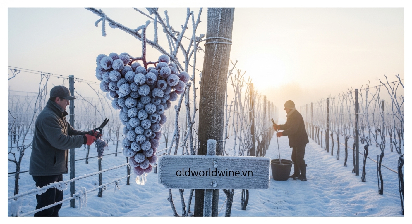 Thu hoạch nho đông lạnh làm Ice Wine trong vườn nho phủ tuyết mùa đông – quy trình sản xuất rượu vang ngọt quý hiếm