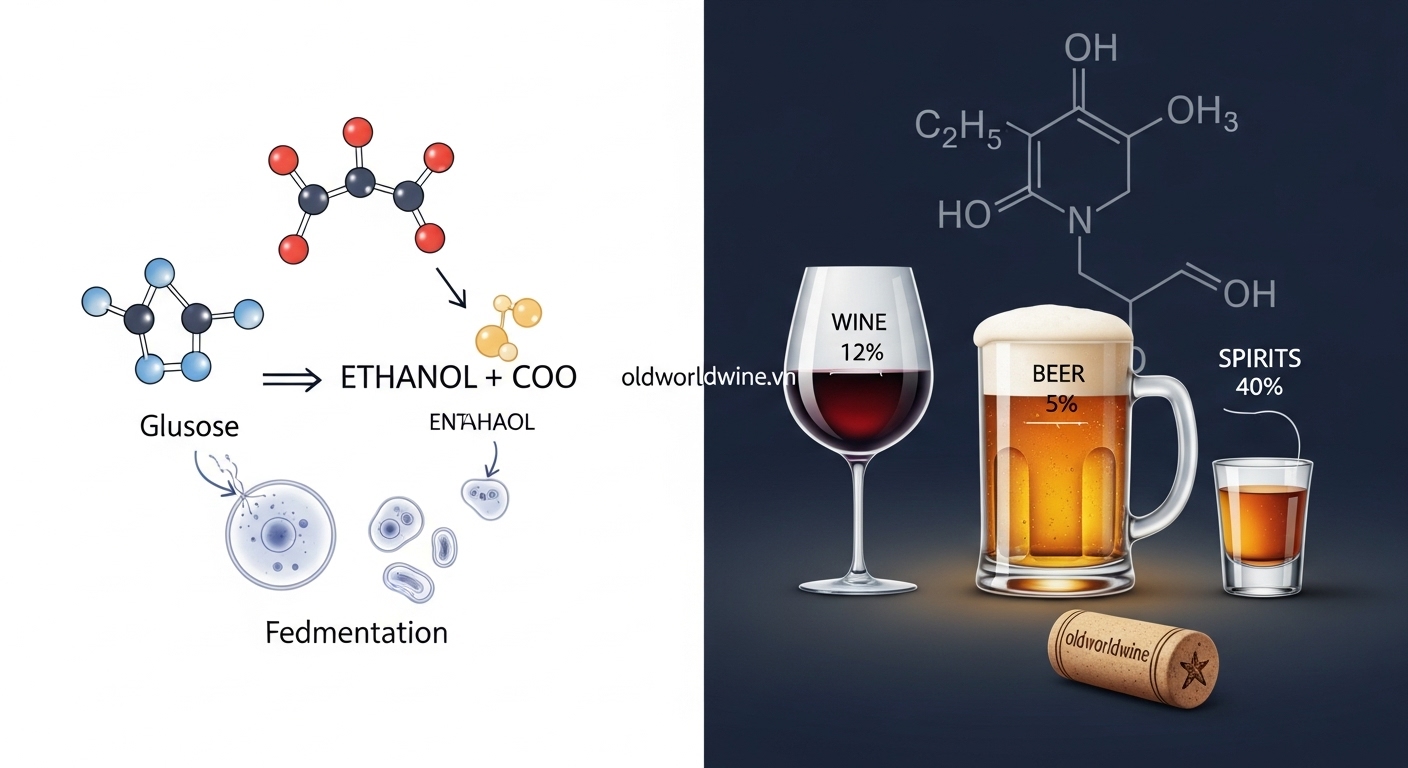 Minh họa quá trình lên men tạo ethanol từ đường, bên cạnh là ba loại đồ uống có cồn phổ biến với nồng độ ABV khác nhau – rượu vang, bia và rượu mạnh.