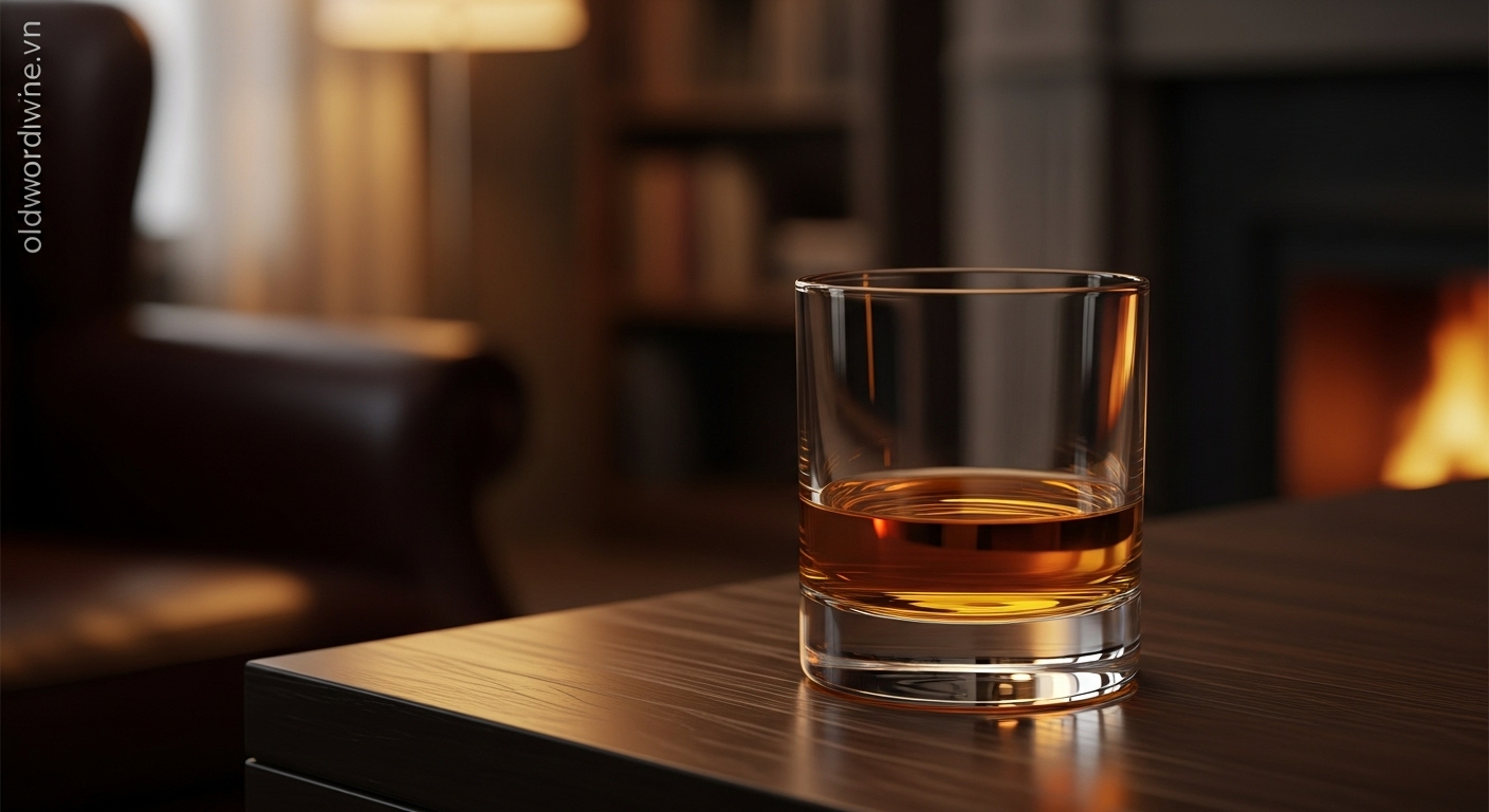 Ly whisky Chivas Regal 18 hoặc 25 nguyên chất trong ly Glencairn, ánh sáng ấm gợi cảm giác sang trọng và thư thái, tôn vinh nghệ thuật thưởng thức whisky.